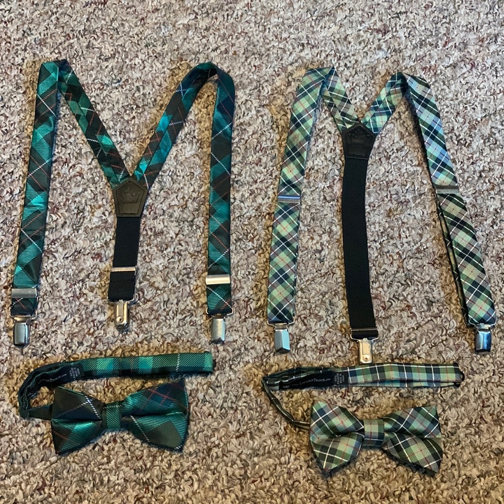 Bundle of youth boys suspenders & bow ties Green plaid Holiday winter - Picture 1 of 5